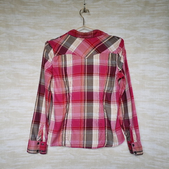 S hot pink plaid snap button-down western shirt - Picture 3 of 4